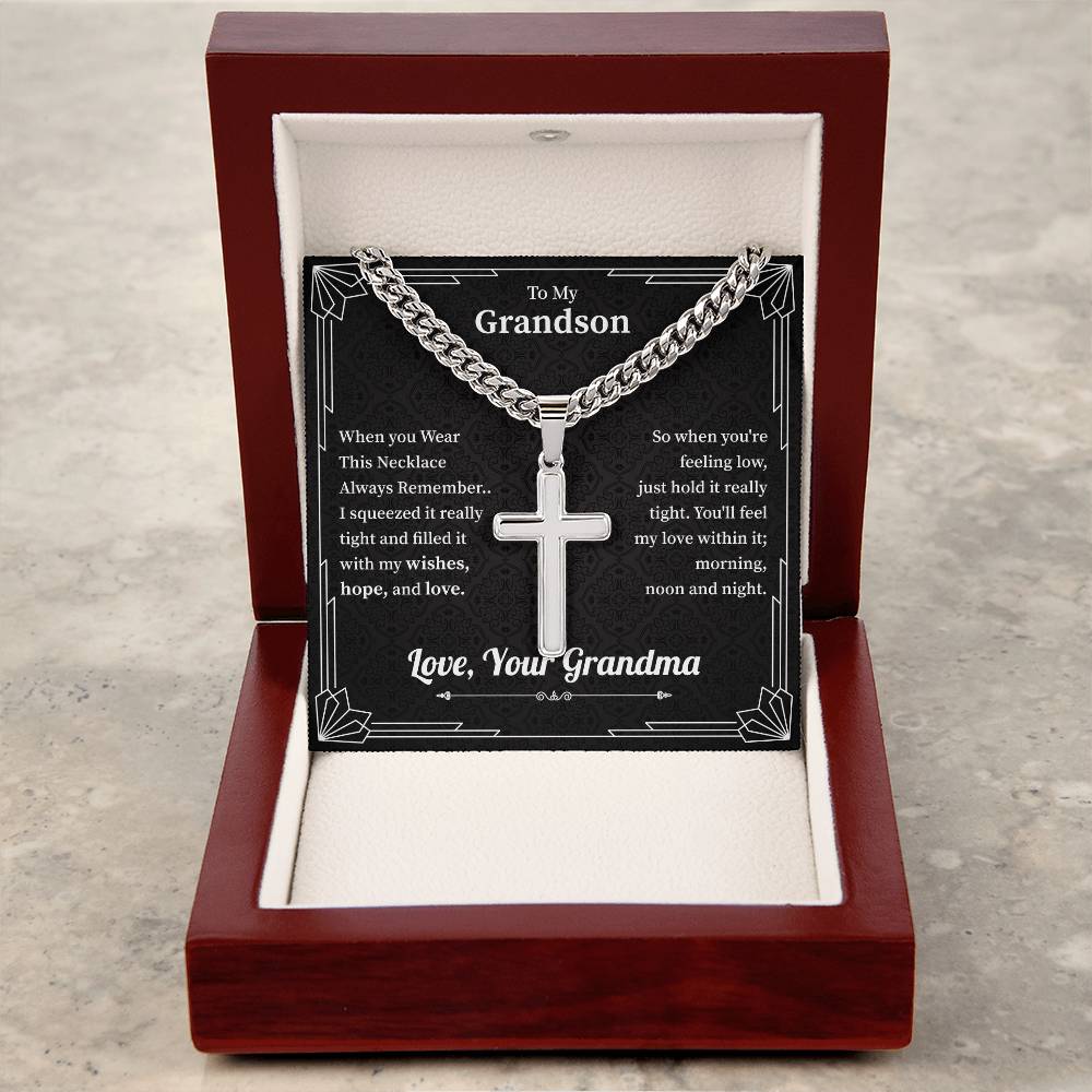 To My Grandson Cross Necklace From Grandma, Grandson Birthday Gifts From Grandma Present For Grandson From Grandmother, Love Your Grandma.