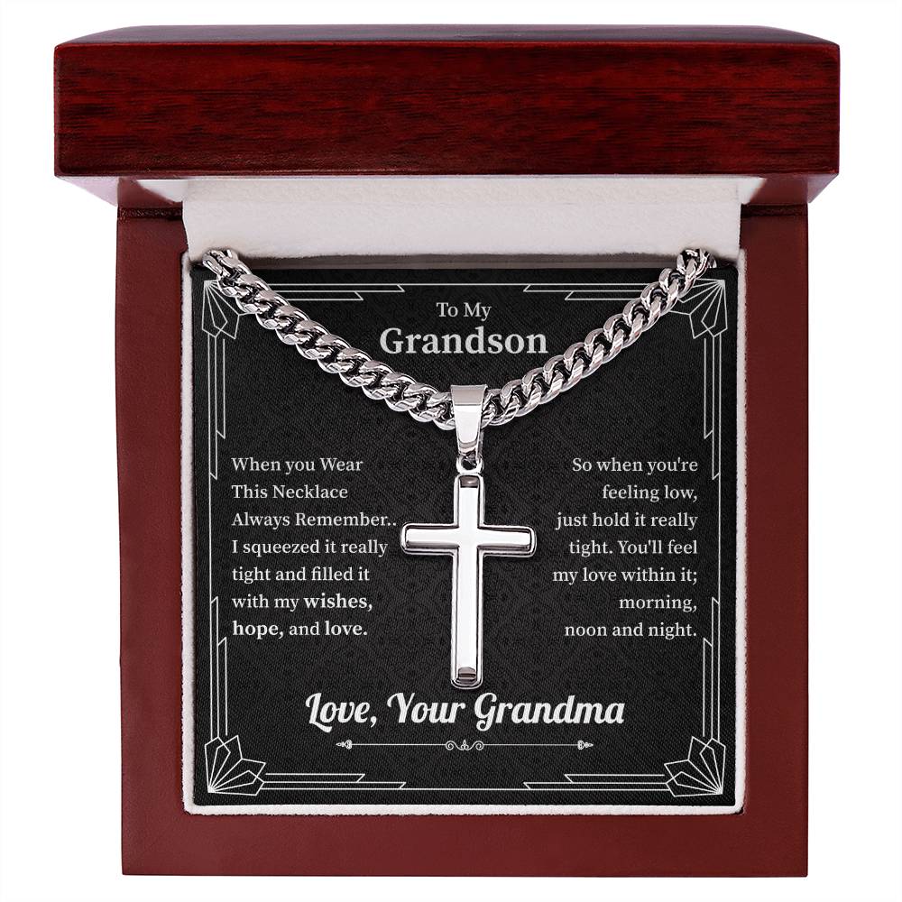 To My Grandson Cross Necklace From Grandma, Grandson Birthday Gifts From Grandma Present For Grandson From Grandmother, Love Your Grandma.