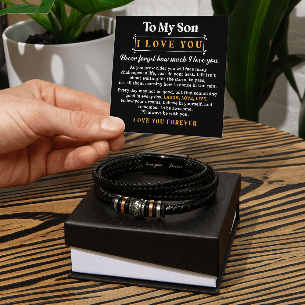 "To My Son - Never Forget How Much I Love You - Inspirational Message Bracelet - Motivational Gift for Sons"