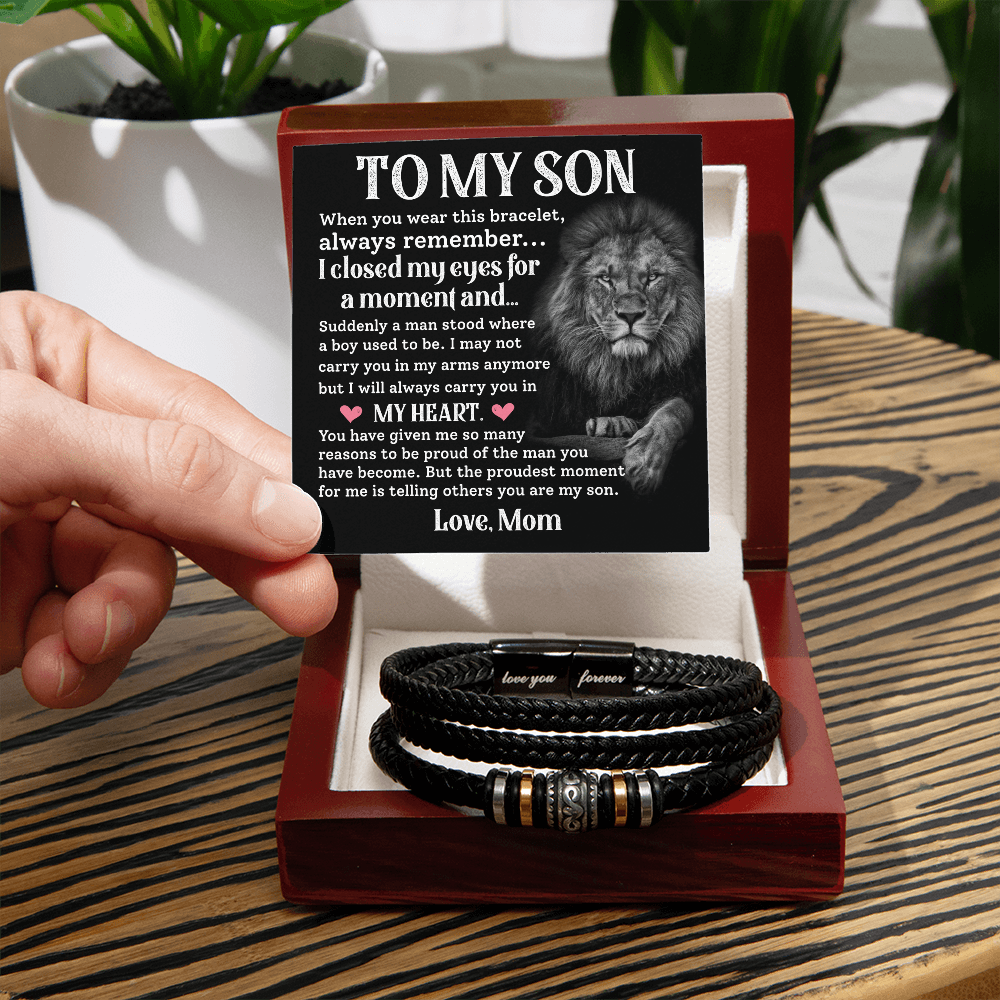 Gift for Son from Mom Leather Bracelet with Emotional Message Card