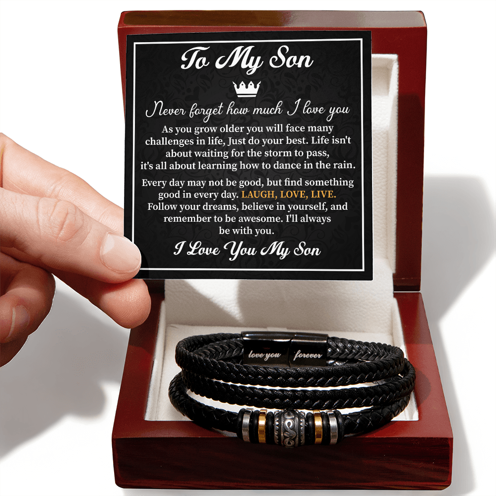 To My Son Bracelet Gift from Dad - Black Leather Wristband