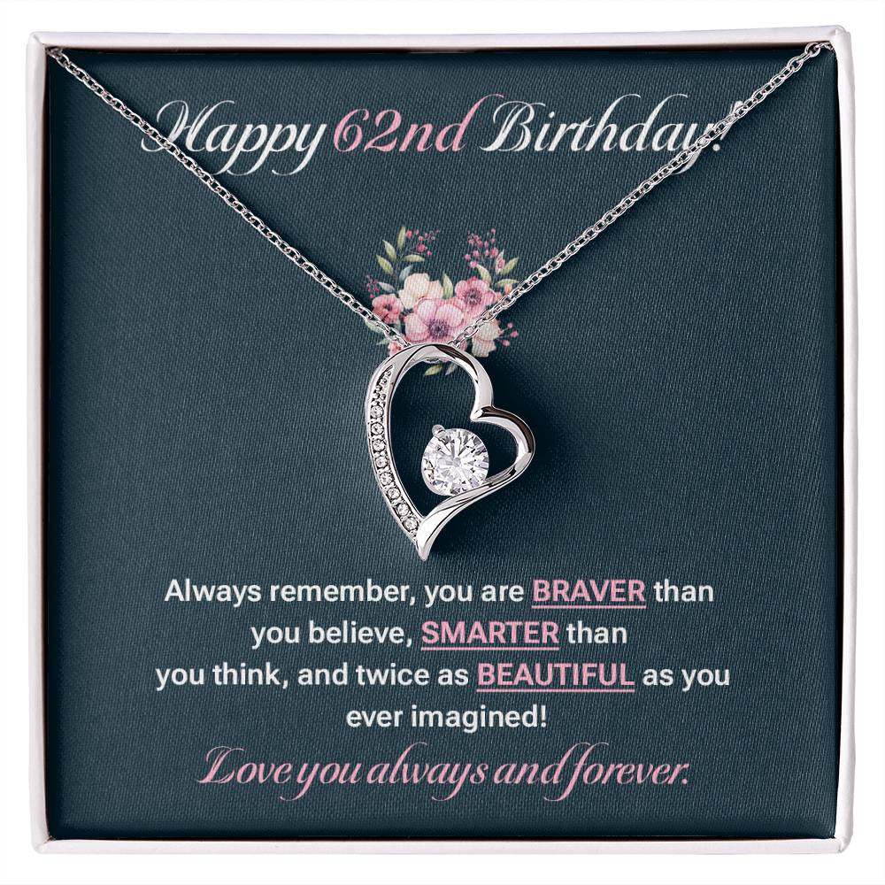 62nd Birthday Necklace Gift for Her – Heart Pendant & Message Card