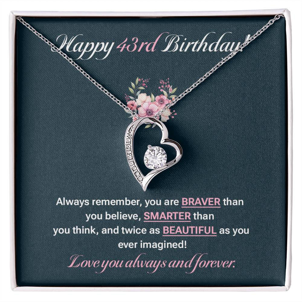 43rd Birthday Necklace for Her – Elegant Heart Pendant with Card