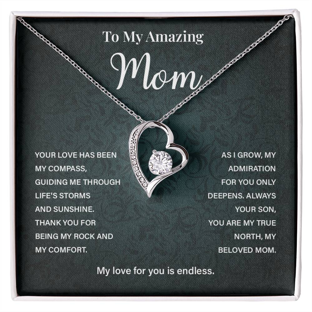 Mom Necklace from Son – Heart Pendant with Compass Message Card
