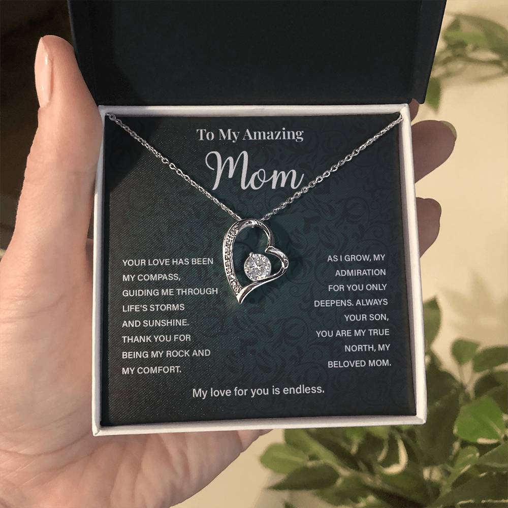 Mom Necklace from Son – Heart Pendant with Compass Message Card