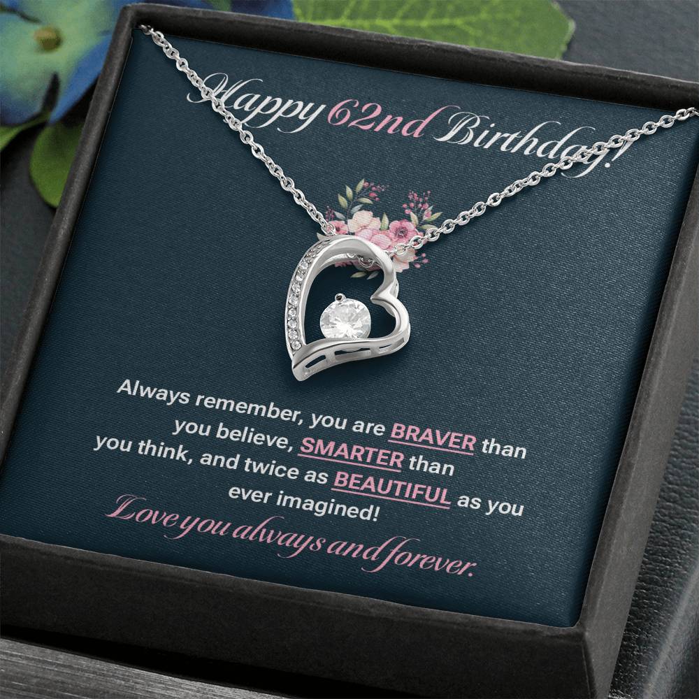 62nd Birthday Necklace Gift for Her – Heart Pendant & Message Card
