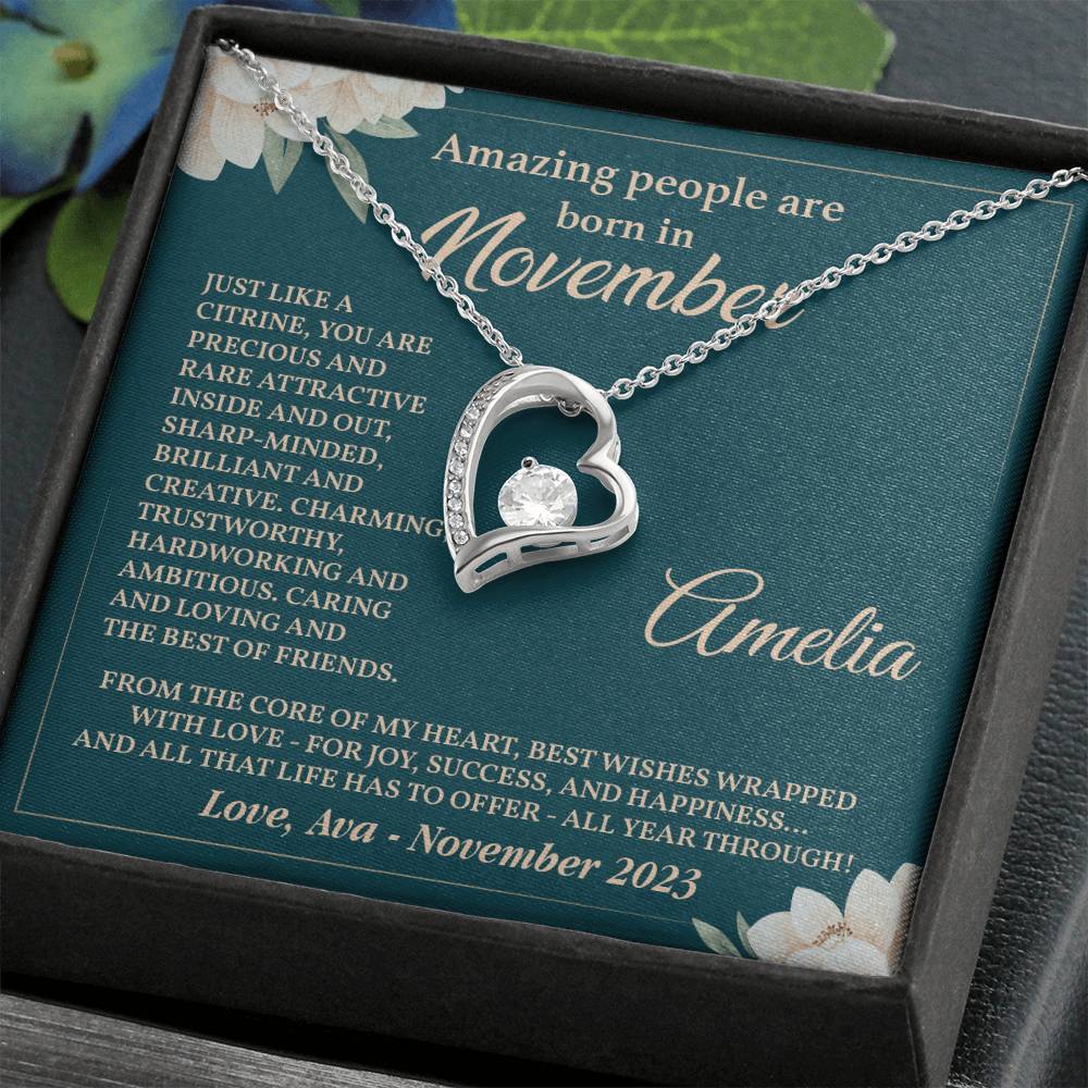 November Birthday Necklace Gift for Her – Heart Pendant with Card