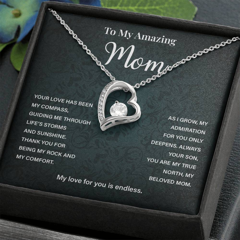 Mom Necklace from Son – Heart Pendant with Compass Message Card