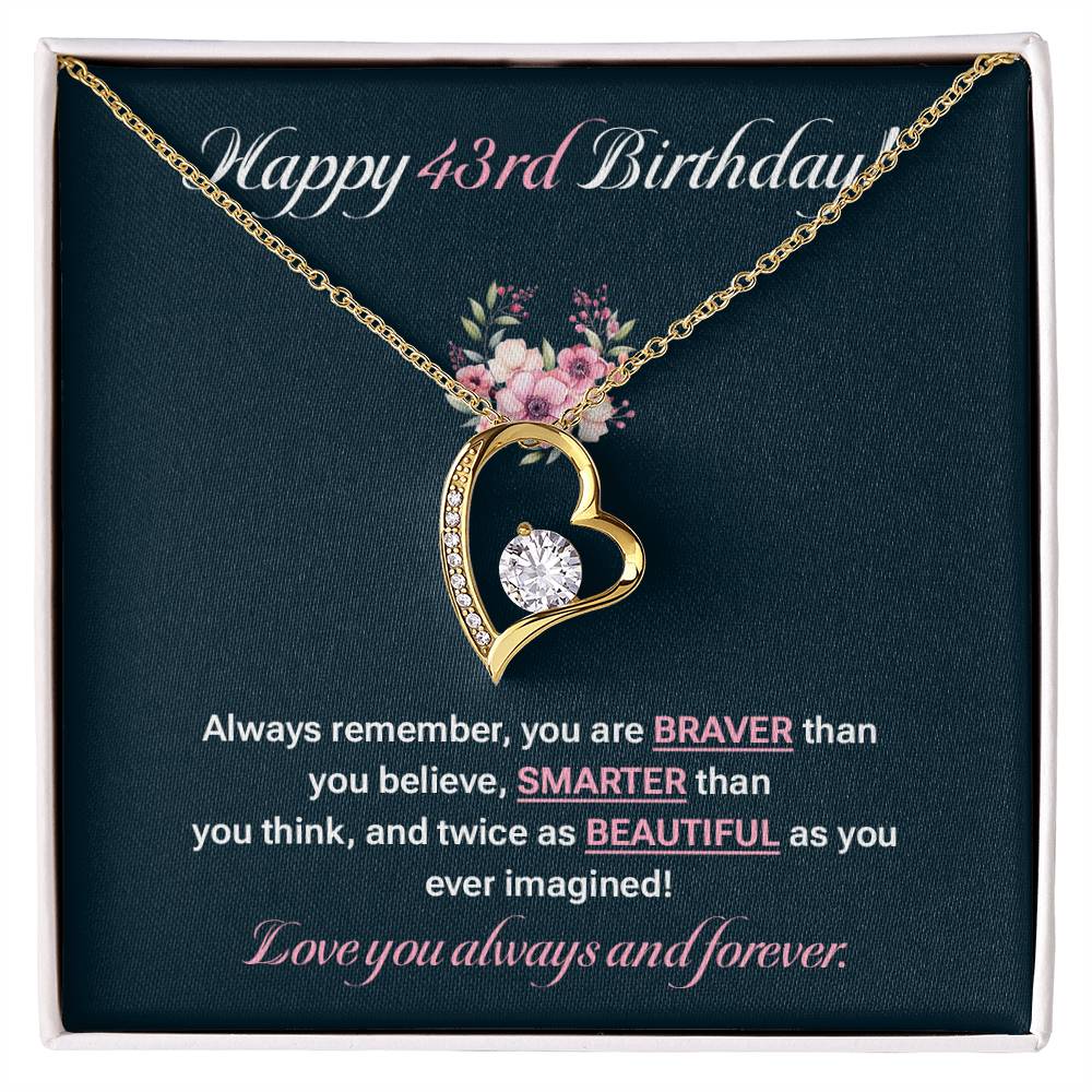 43rd Birthday Necklace for Her – Elegant Heart Pendant with Card