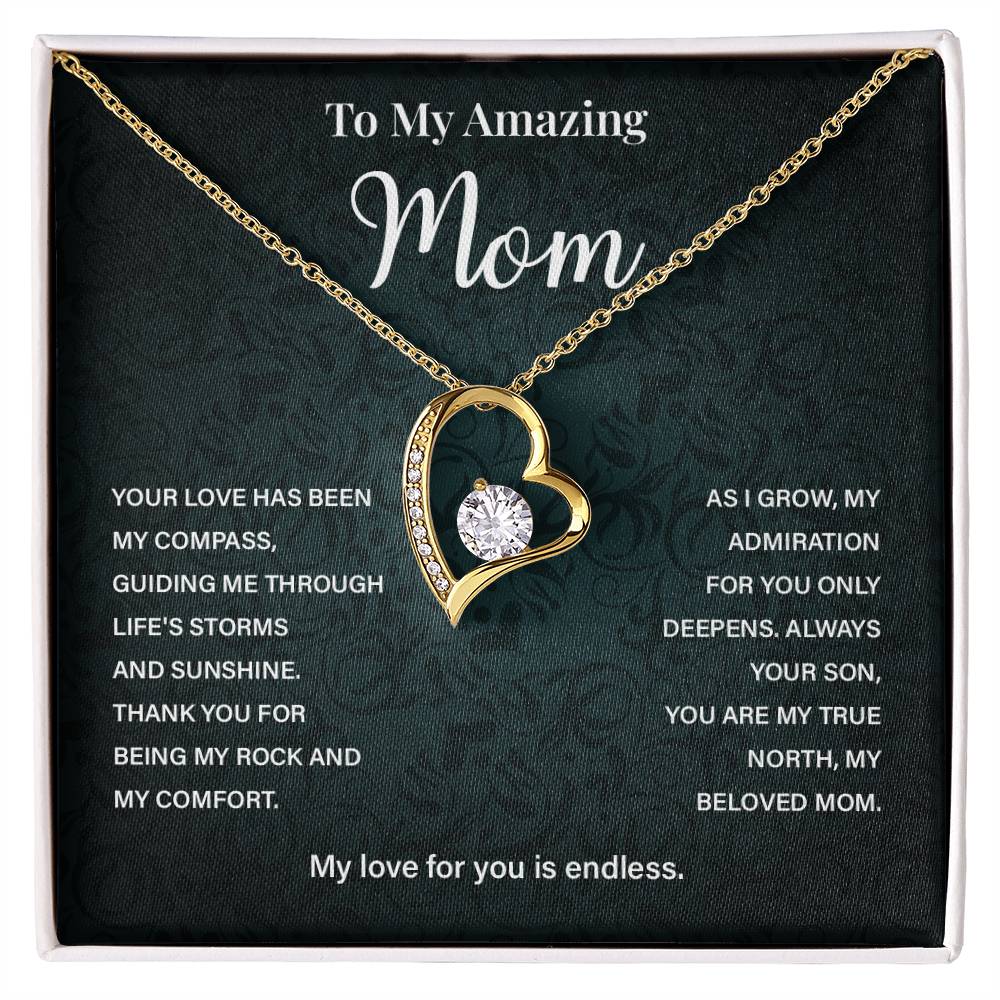 Mom Necklace from Son – Heart Pendant with Compass Message Card