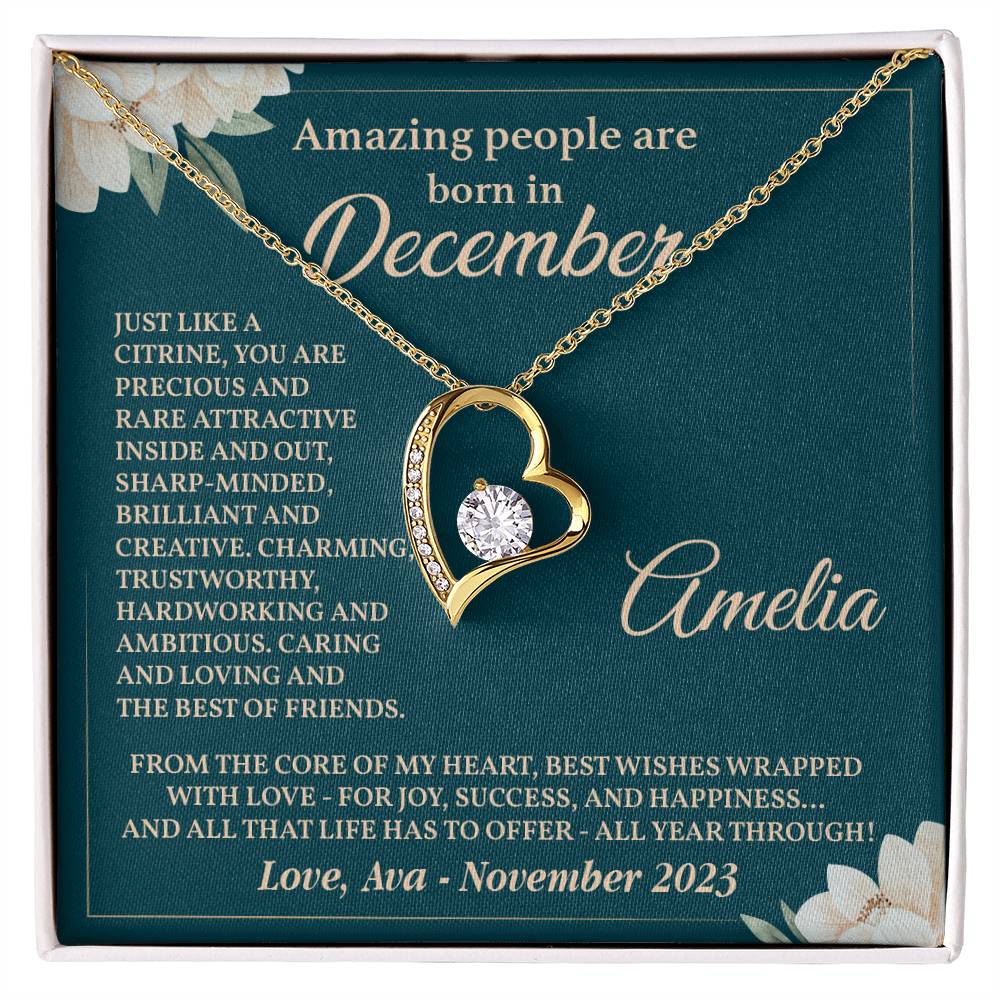 December Birthday Necklace Gift for Her – Heart Pendant with Card