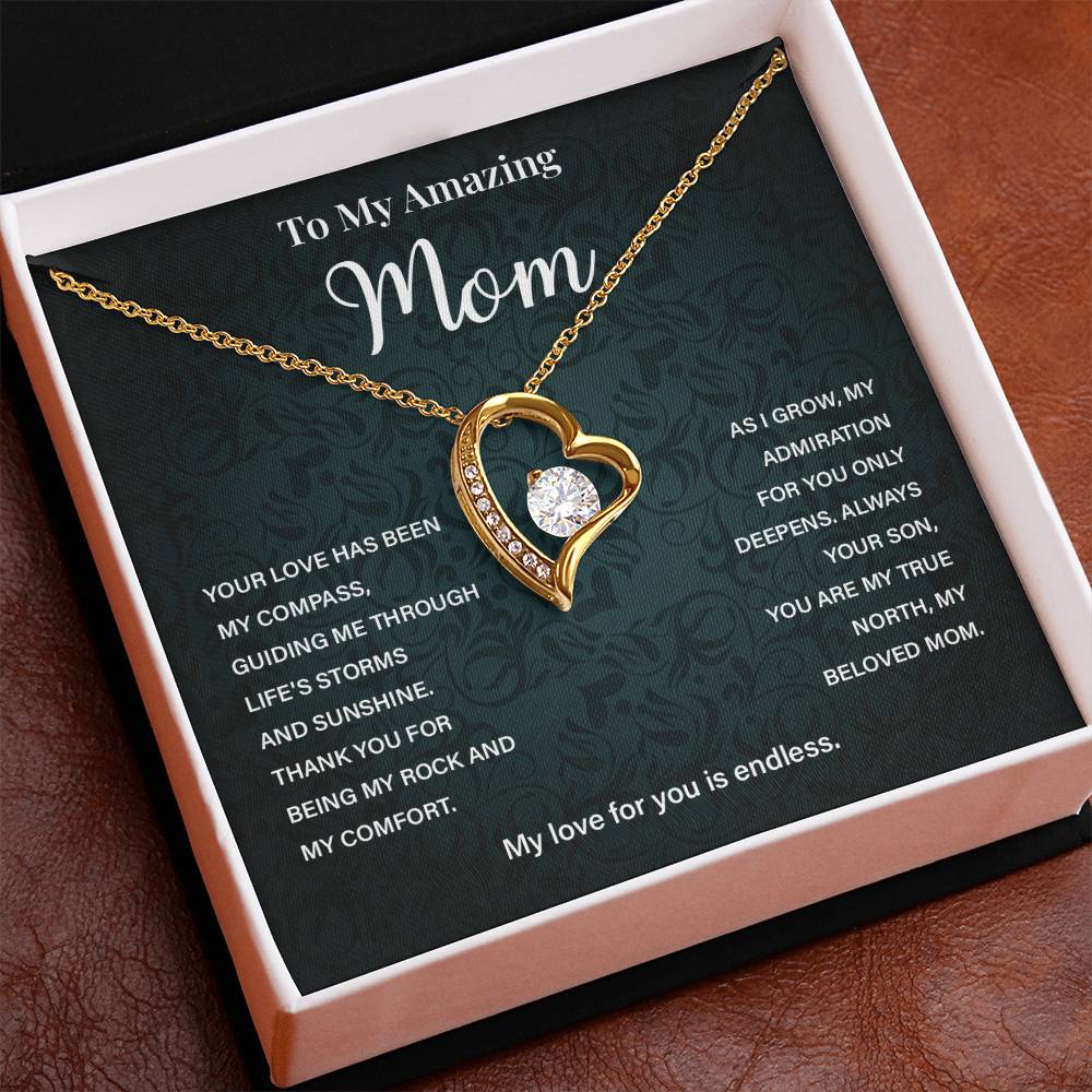 Mom Necklace from Son – Heart Pendant with Compass Message Card
