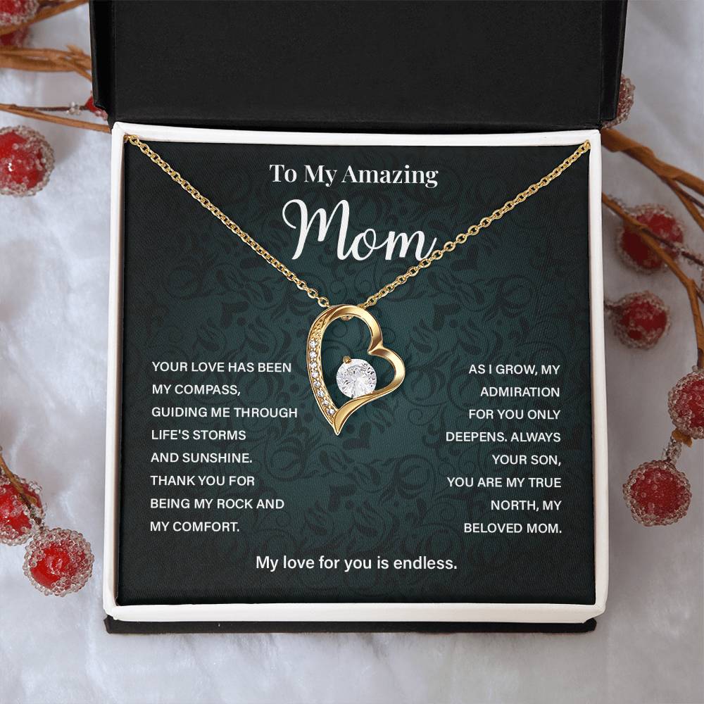 Mom Necklace from Son – Heart Pendant with Compass Message Card