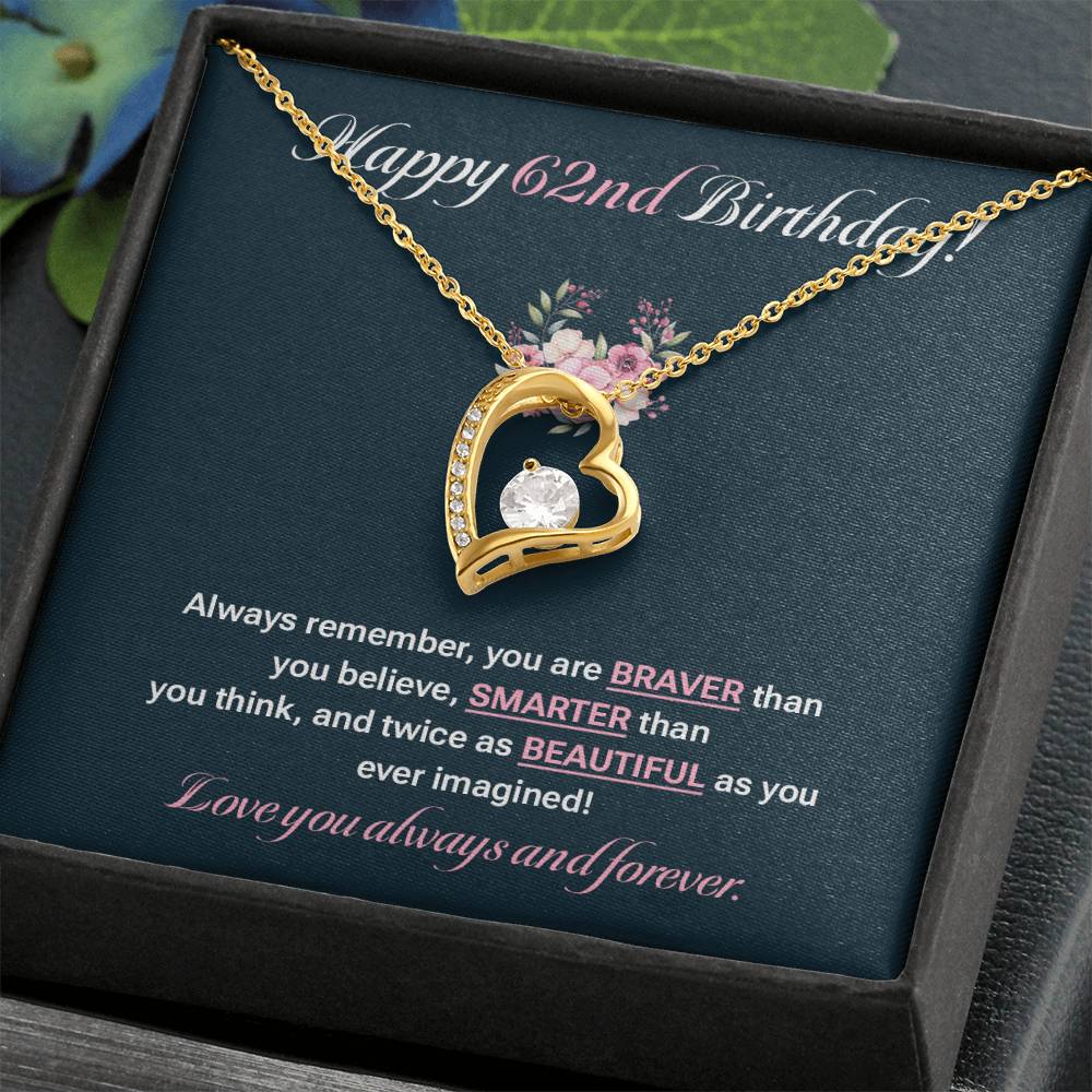 62nd Birthday Necklace Gift for Her – Heart Pendant & Message Card