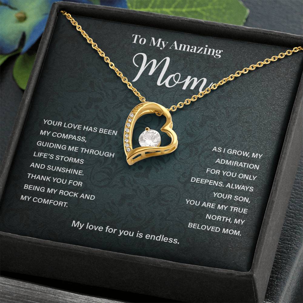 Mom Necklace from Son – Heart Pendant with Compass Message Card