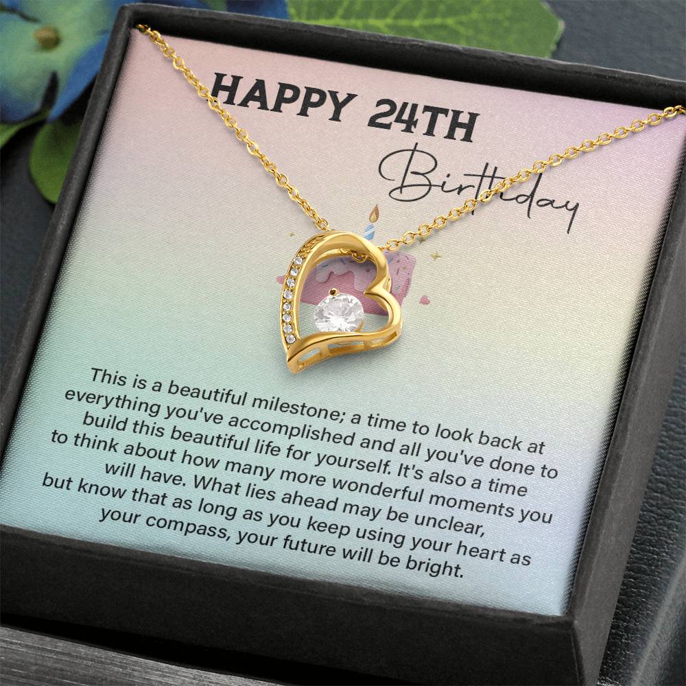 24th Birthday Necklace Gift for Her – Heart Pendant with Message Card