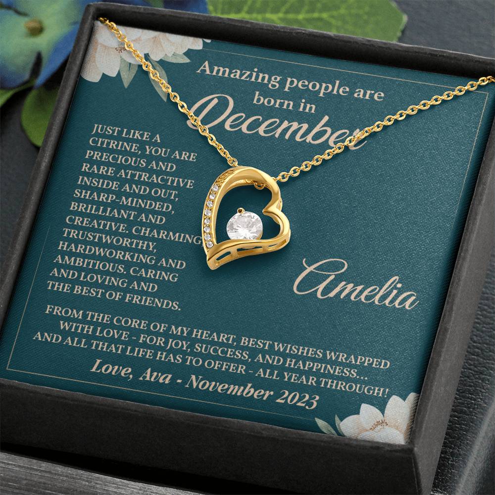 December Birthday Necklace Gift for Her – Heart Pendant with Card
