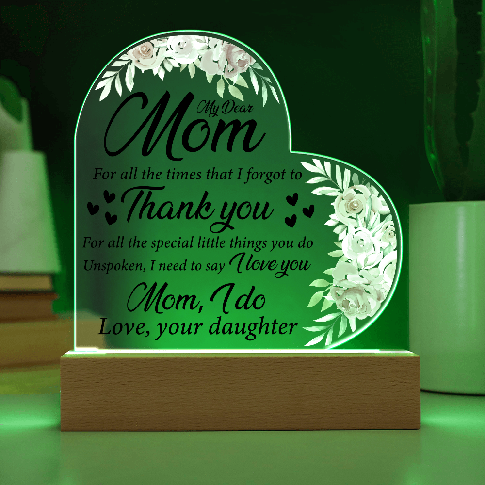 My Dear Mom Thank You Acrylic Heart Plaque Floral LED Light Heart Sign for Mom