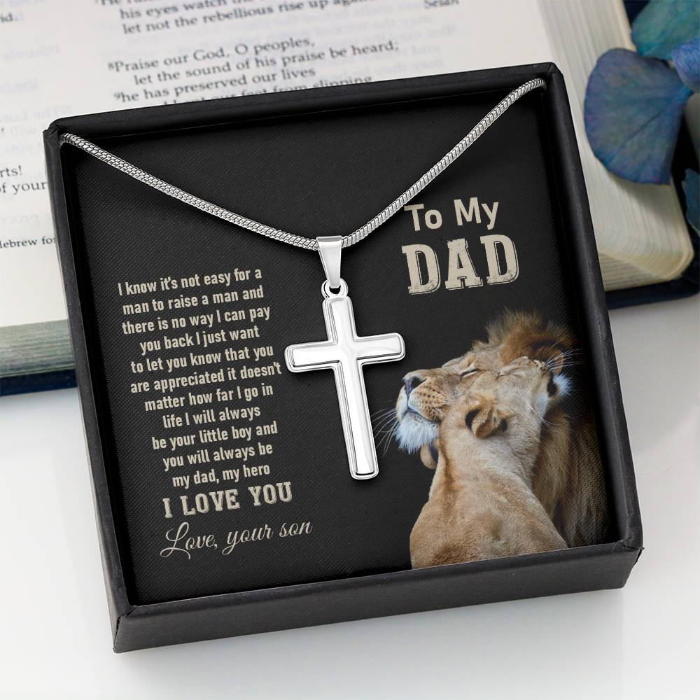 Dad Cross Necklace Gift from Son – Lion Artwork Pendant with Heartfelt Message Card