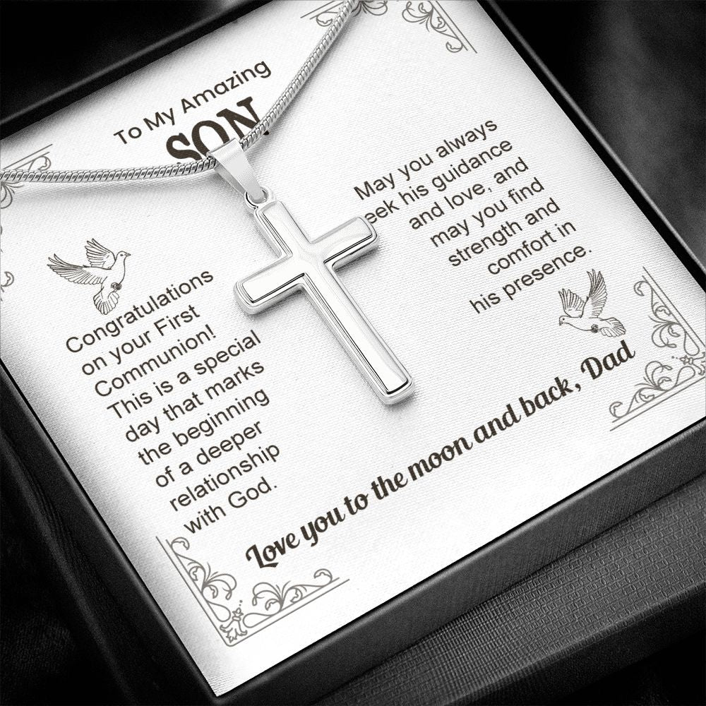 To My Amazing Son Cross Necklace Gift From Dad, Congratulations on Your First Communion