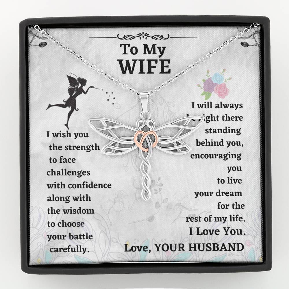 Wife Dragonfly Necklace Gift from Husband – Heart Accented Pendant with Encouragement Message Card