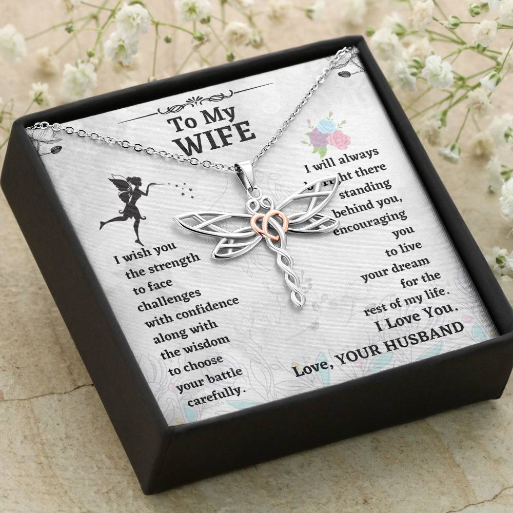 Wife Dragonfly Necklace Gift from Husband – Heart Accented Pendant with Encouragement Message Card