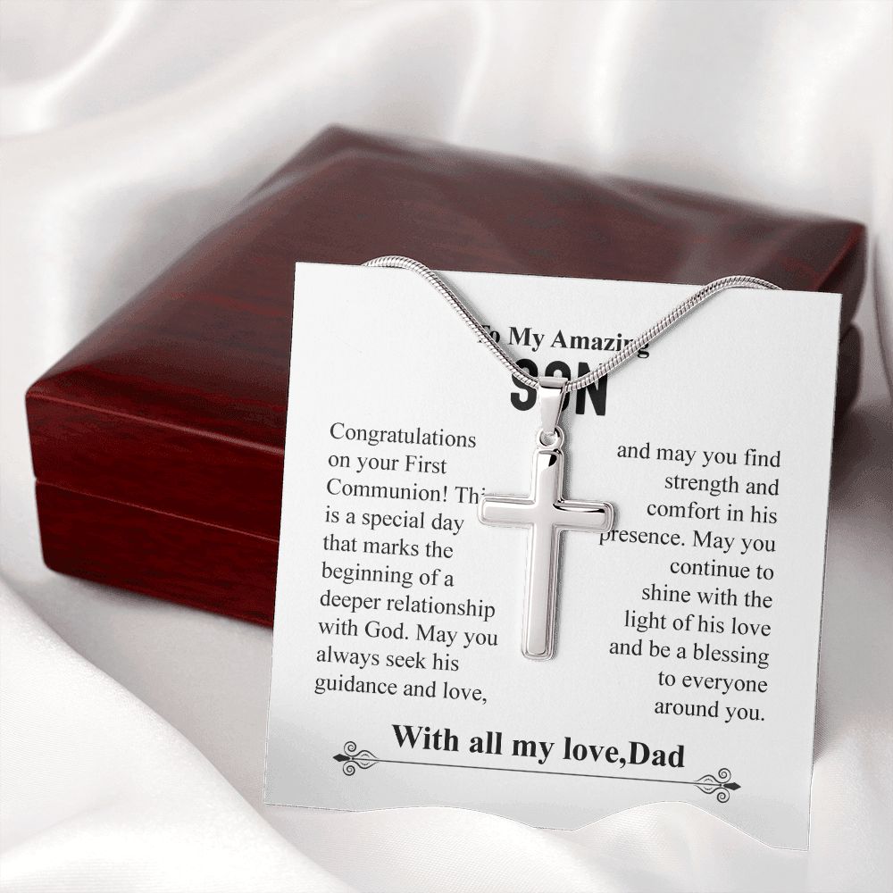 To My Amazing Son Cross Necklace With All My Love Dad - Congratulations On Your First Communion