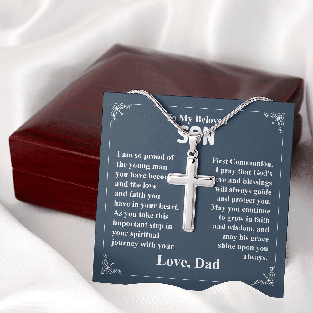 To My Beloved Son I am So Proud Of The Young Man, Cross Necklace Gift From Dad With Amazing Message Card