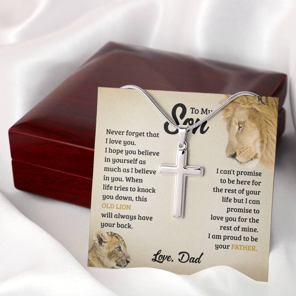 Cross Necklace for Son from Dad Old Lion Message Gift