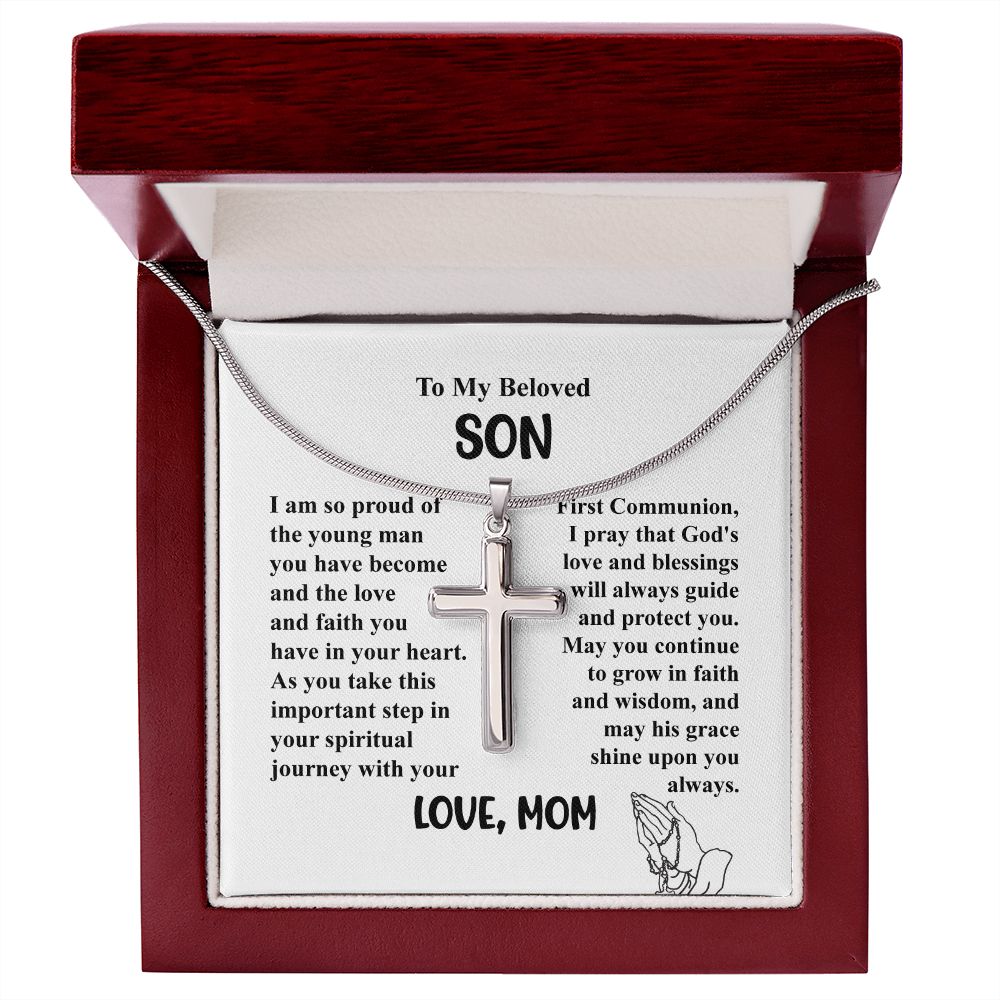 To My Beloved Son I am So Proud of The Young Man - Cross Necklace Gifts From Mom With Beautiful Message