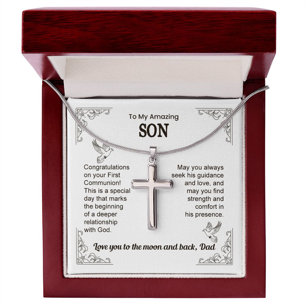To My Amazing Son Cross Necklace Gift From Dad, Congratulations on Your First Communion