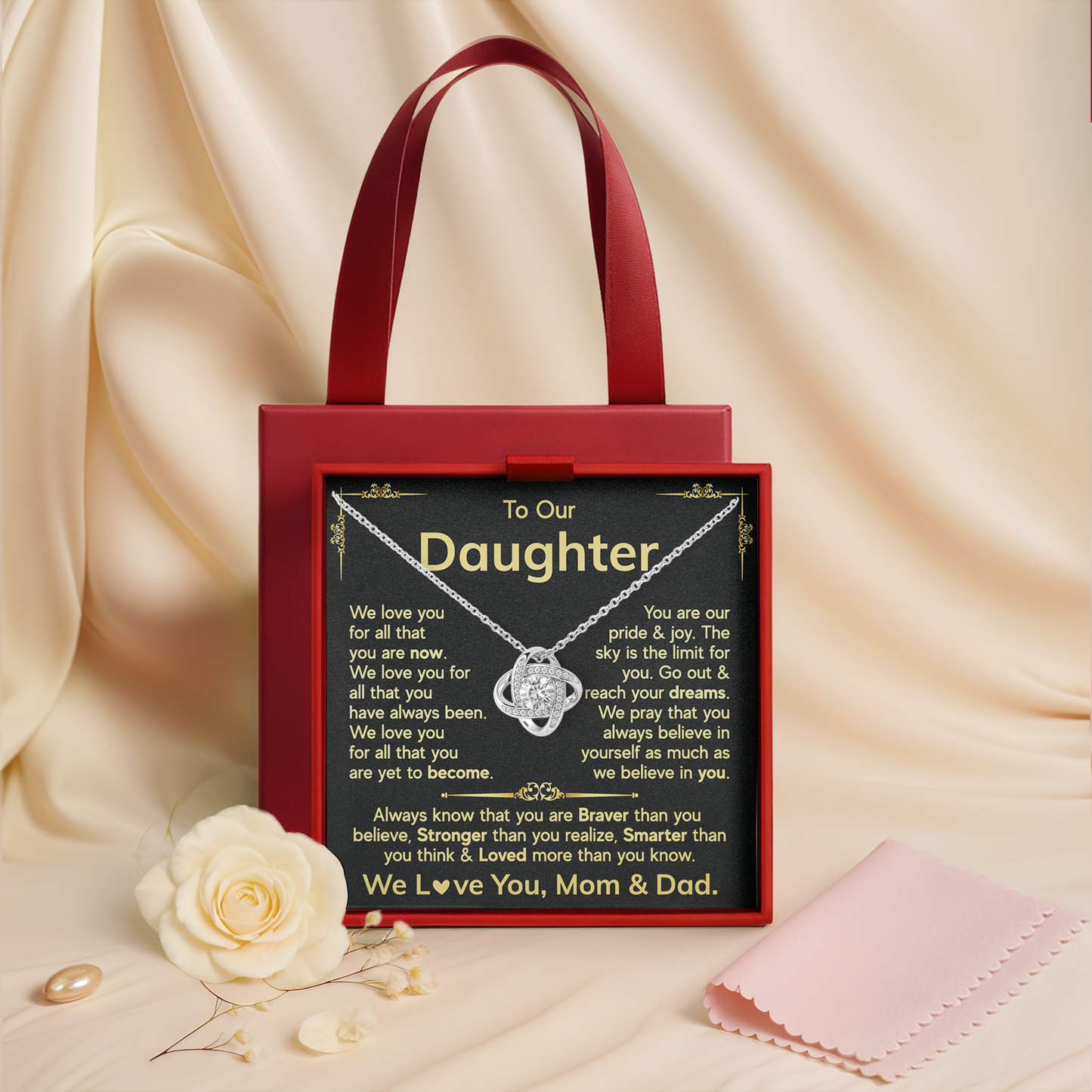 Daughter Love Knot Necklace - Gift from Mom & Dad for Birthday or Graduation