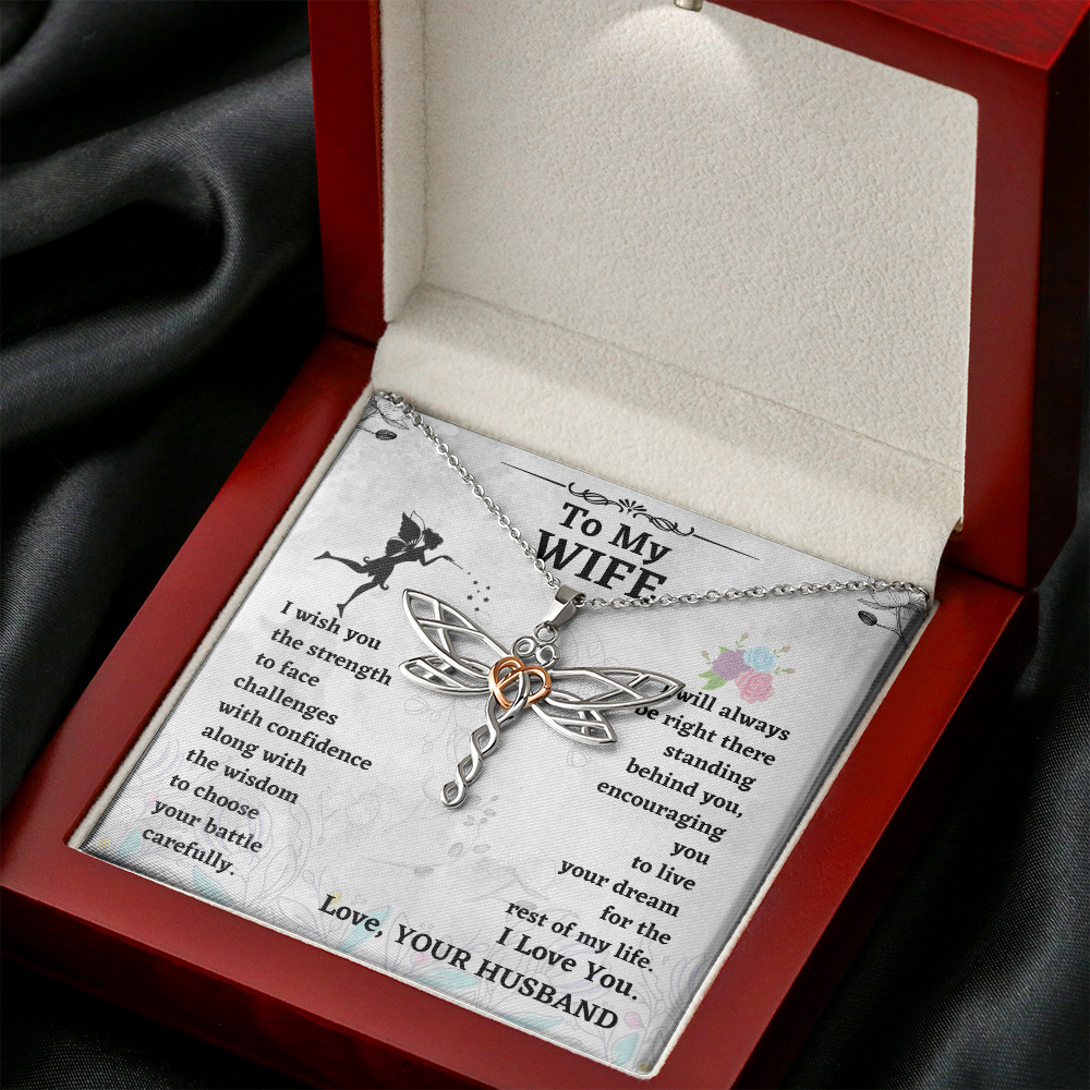 Wife Dragonfly Necklace Gift from Husband – Heart Accented Pendant with Encouragement Message Card