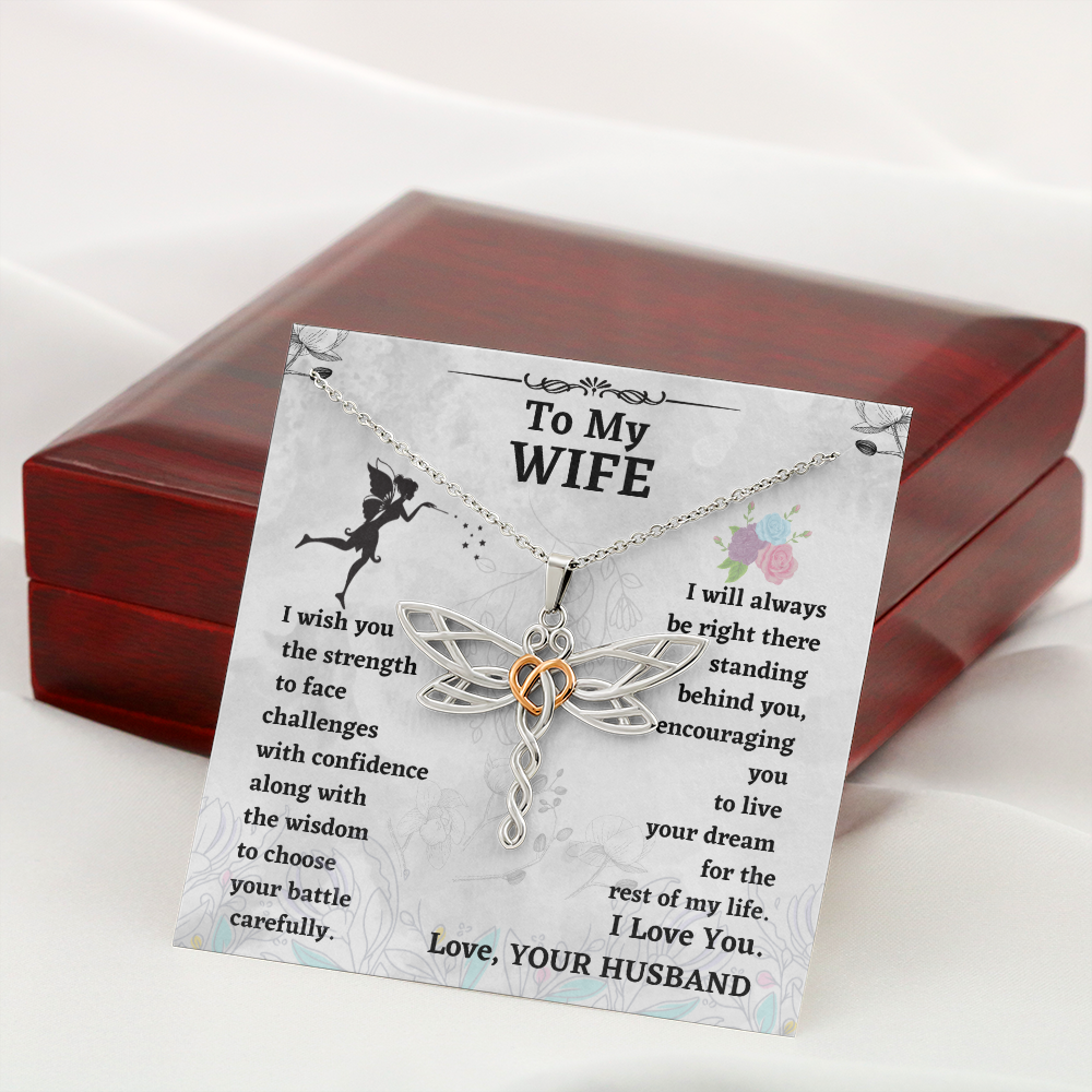Wife Dragonfly Necklace Gift from Husband – Heart Accented Pendant with Encouragement Message Card