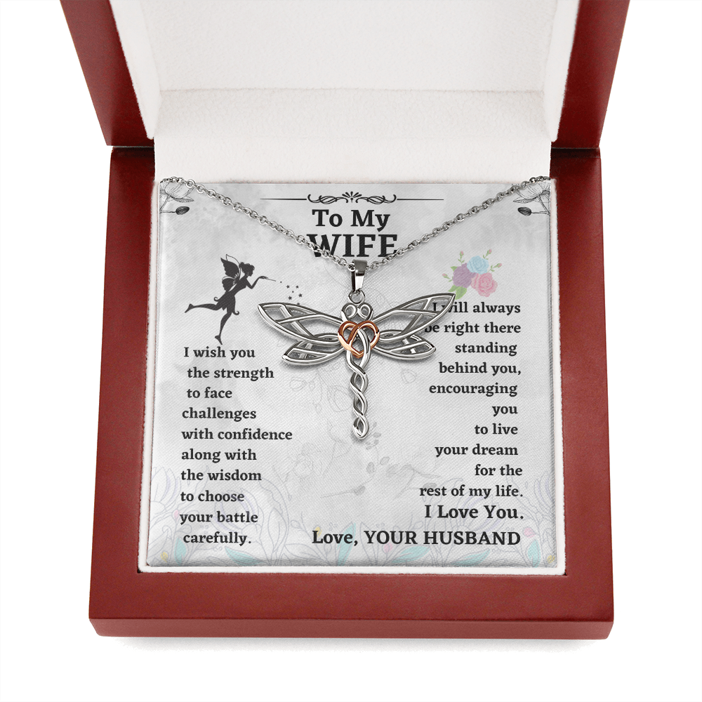 Wife Dragonfly Necklace Gift from Husband – Heart Accented Pendant with Encouragement Message Card