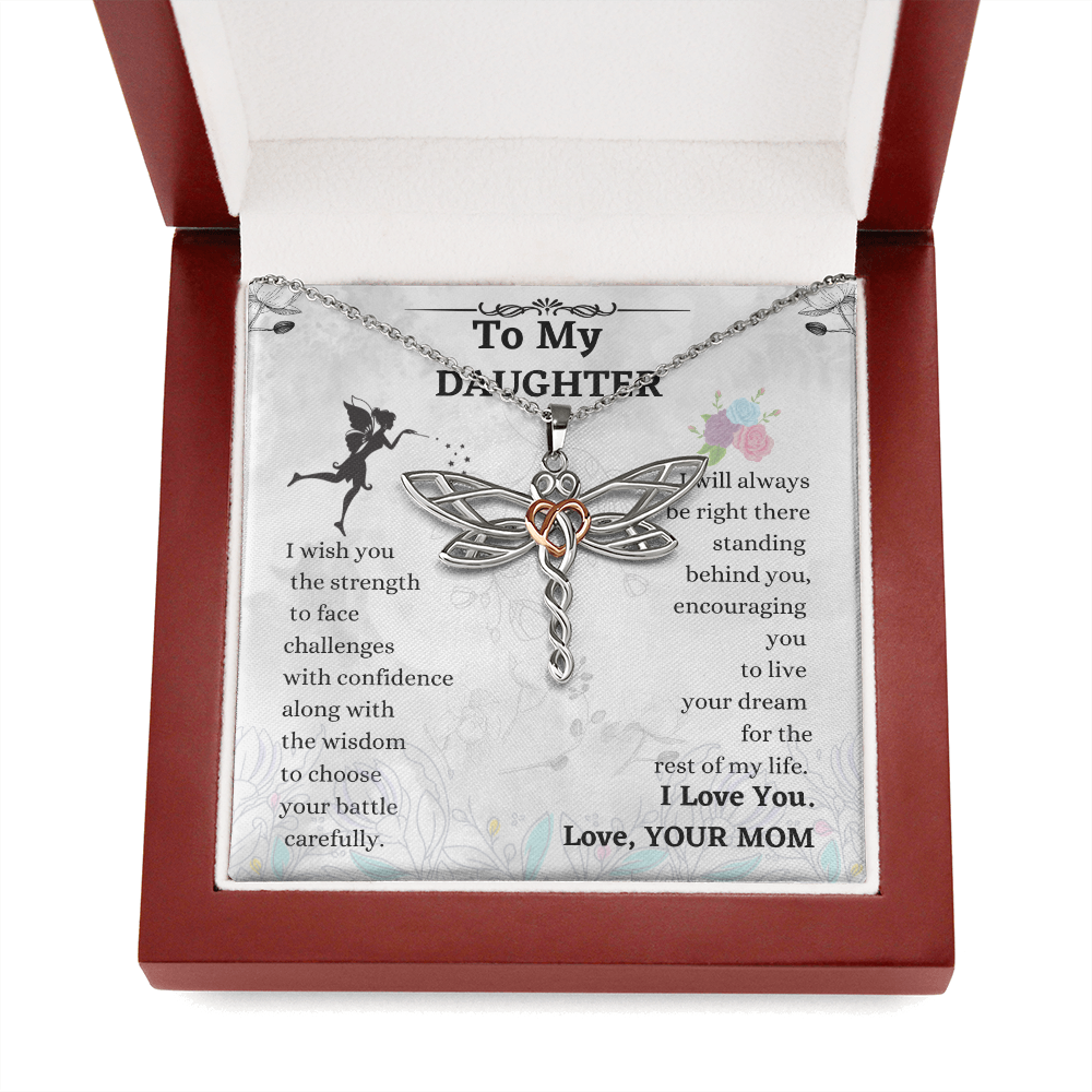 Daughter Dragonfly Necklace Gift from Mom with Heart Pendant and Encouragement Message Card