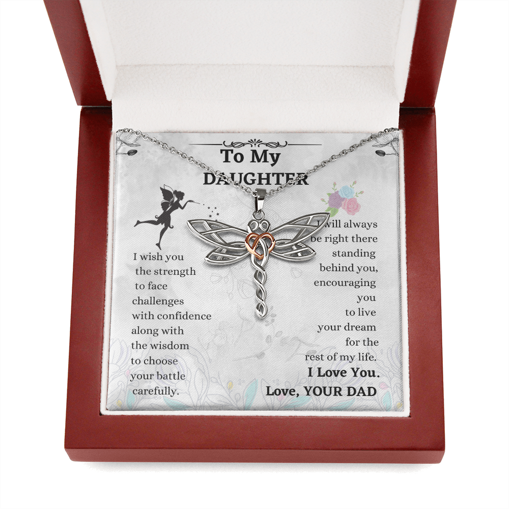 Daughter Dragonfly Necklace Gift from Dad – Heart Accented Pendant with Encouragement Message Card