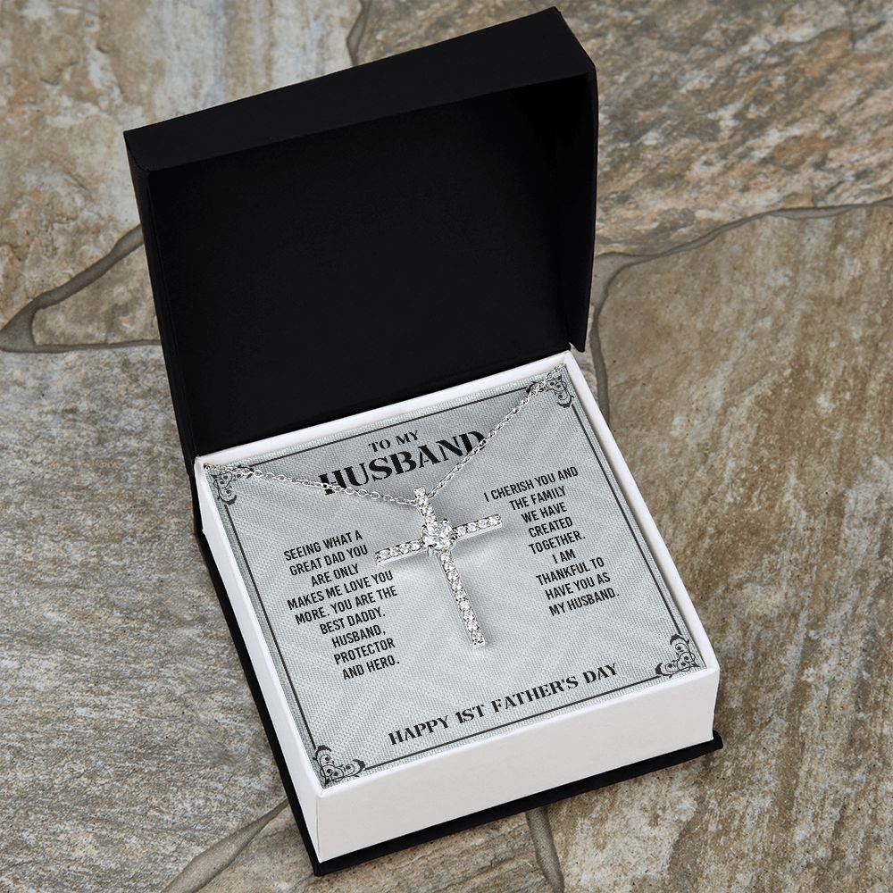 To My Husband From Wife - Wish Him To Happy 1st Father's Day, Cross Necklace Gift With Meaningful Message
