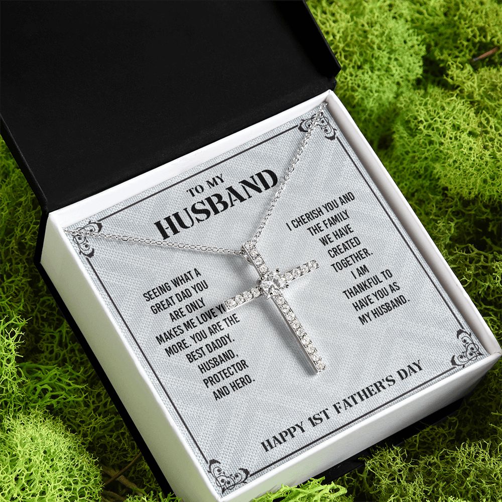To My Husband From Wife - Wish Him To Happy 1st Father's Day, Cross Necklace Gift With Meaningful Message