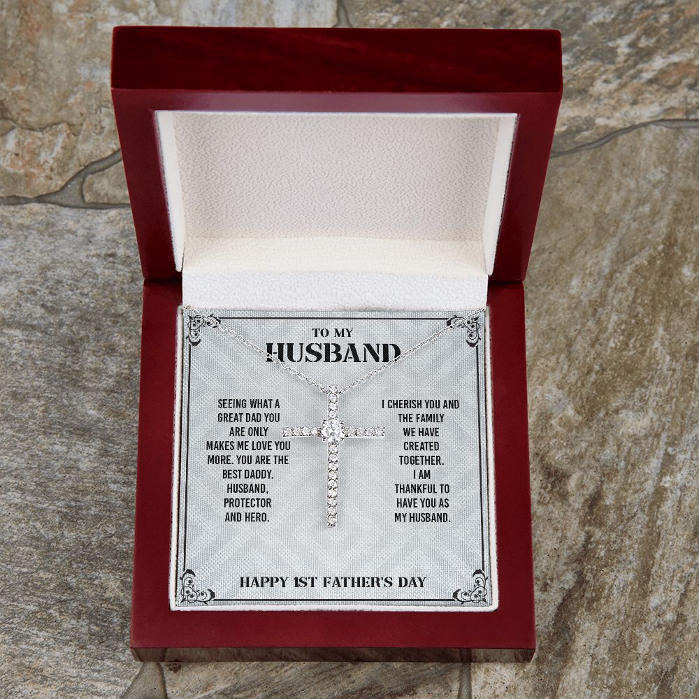 To My Husband From Wife - Wish Him To Happy 1st Father's Day, Cross Necklace Gift With Meaningful Message