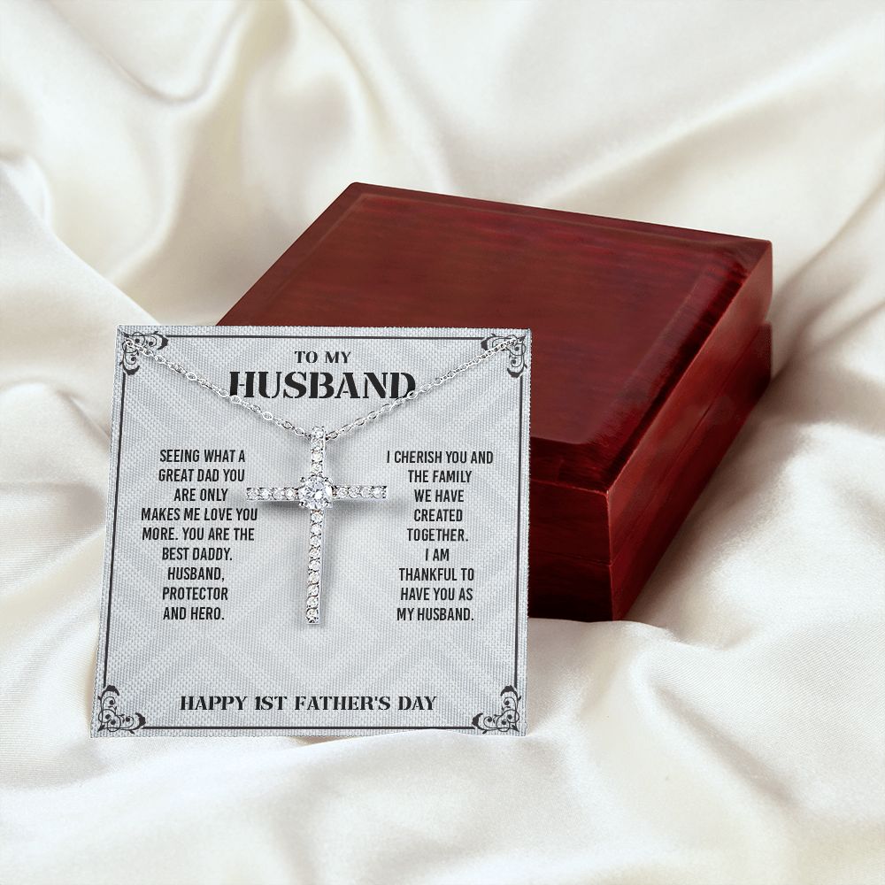 To My Husband From Wife - Wish Him To Happy 1st Father's Day, Cross Necklace Gift With Meaningful Message