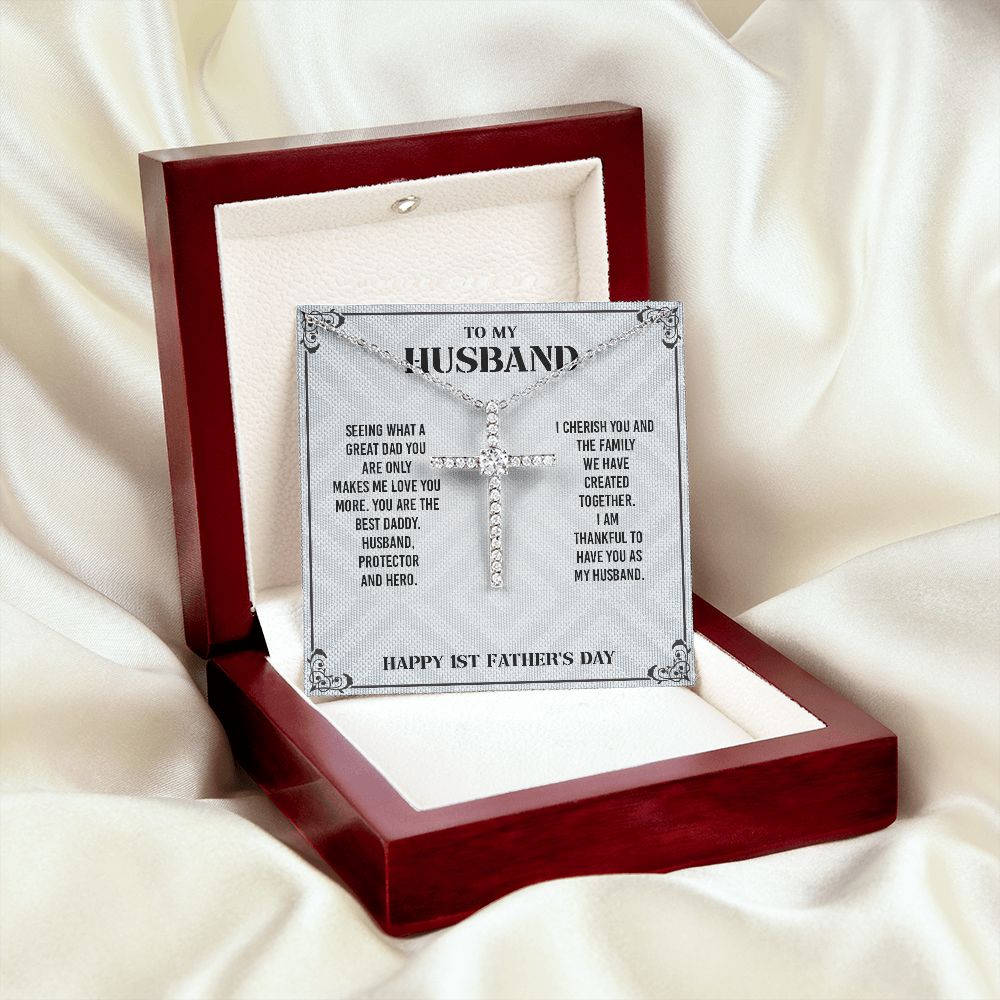 To My Husband From Wife - Wish Him To Happy 1st Father's Day, Cross Necklace Gift With Meaningful Message