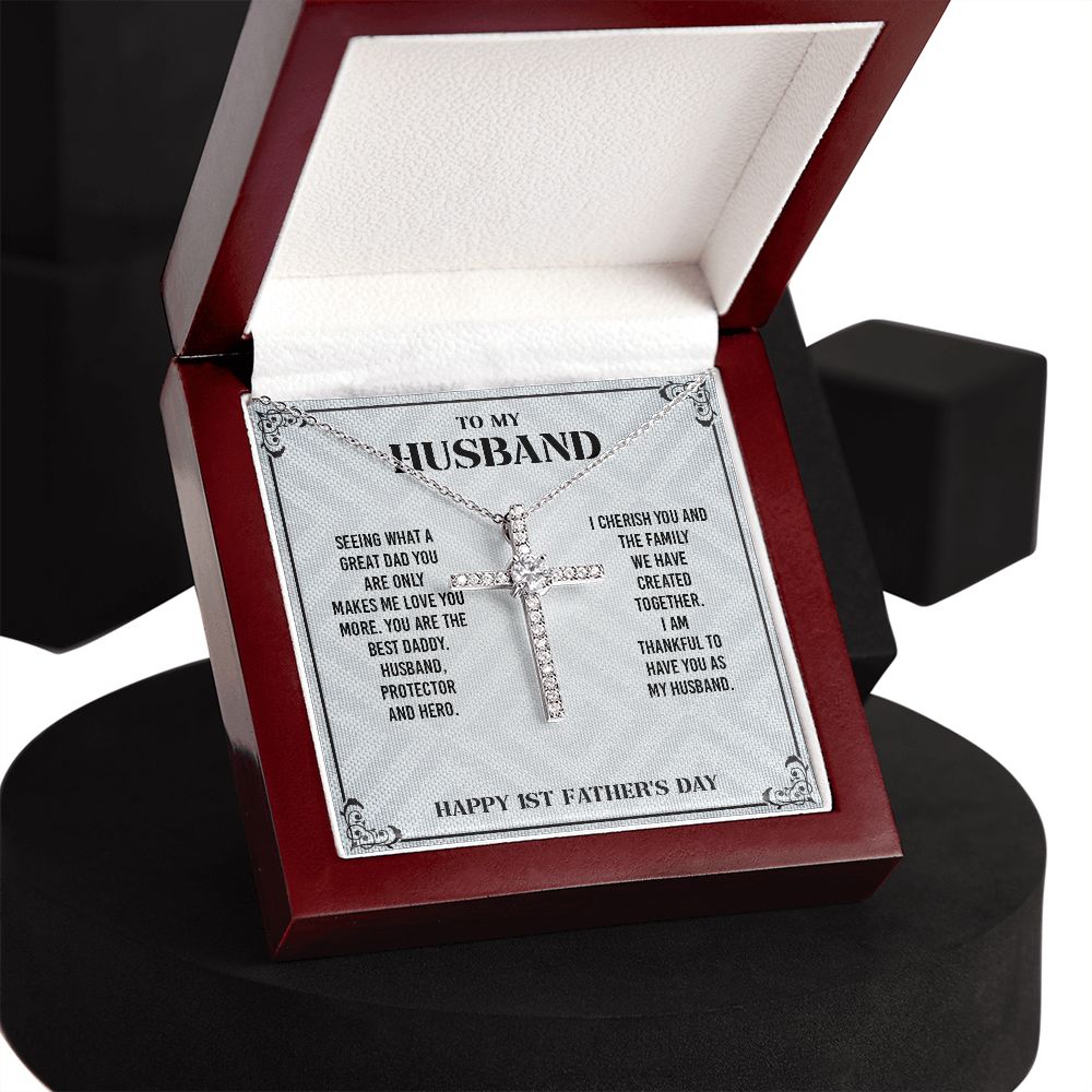 To My Husband From Wife - Wish Him To Happy 1st Father's Day, Cross Necklace Gift With Meaningful Message