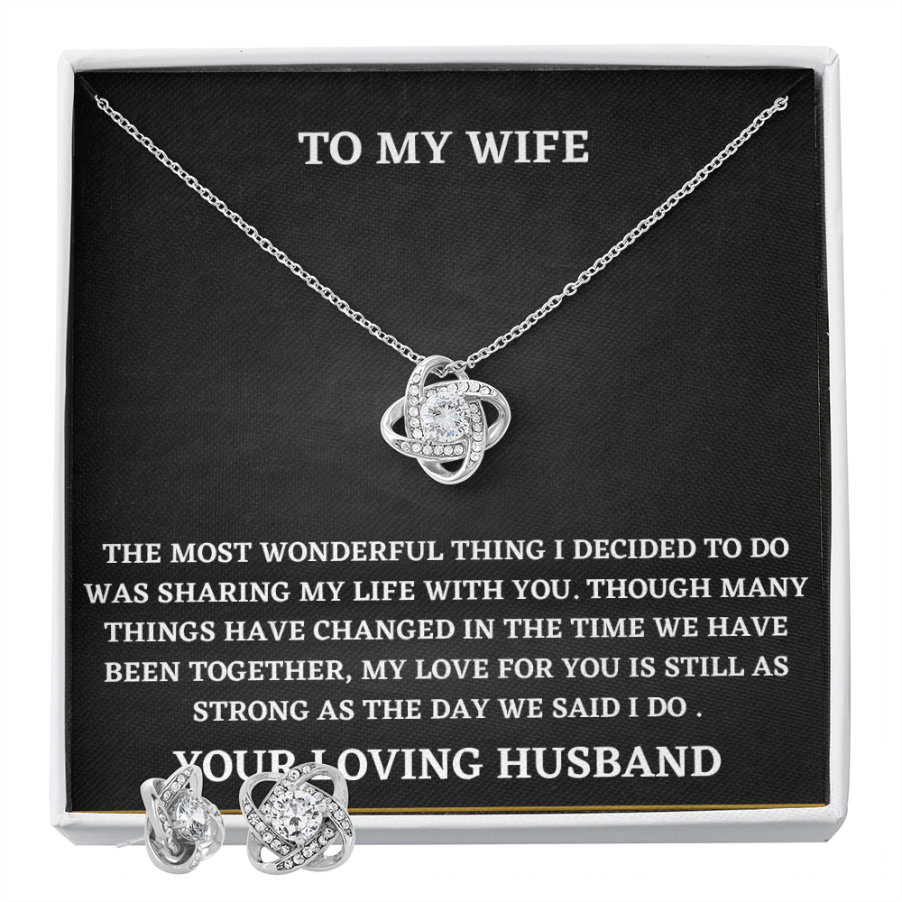 Wife Love Knot Necklace and Earring Set Gift from Husband – Romantic Jewelry with Heartfelt Message Card