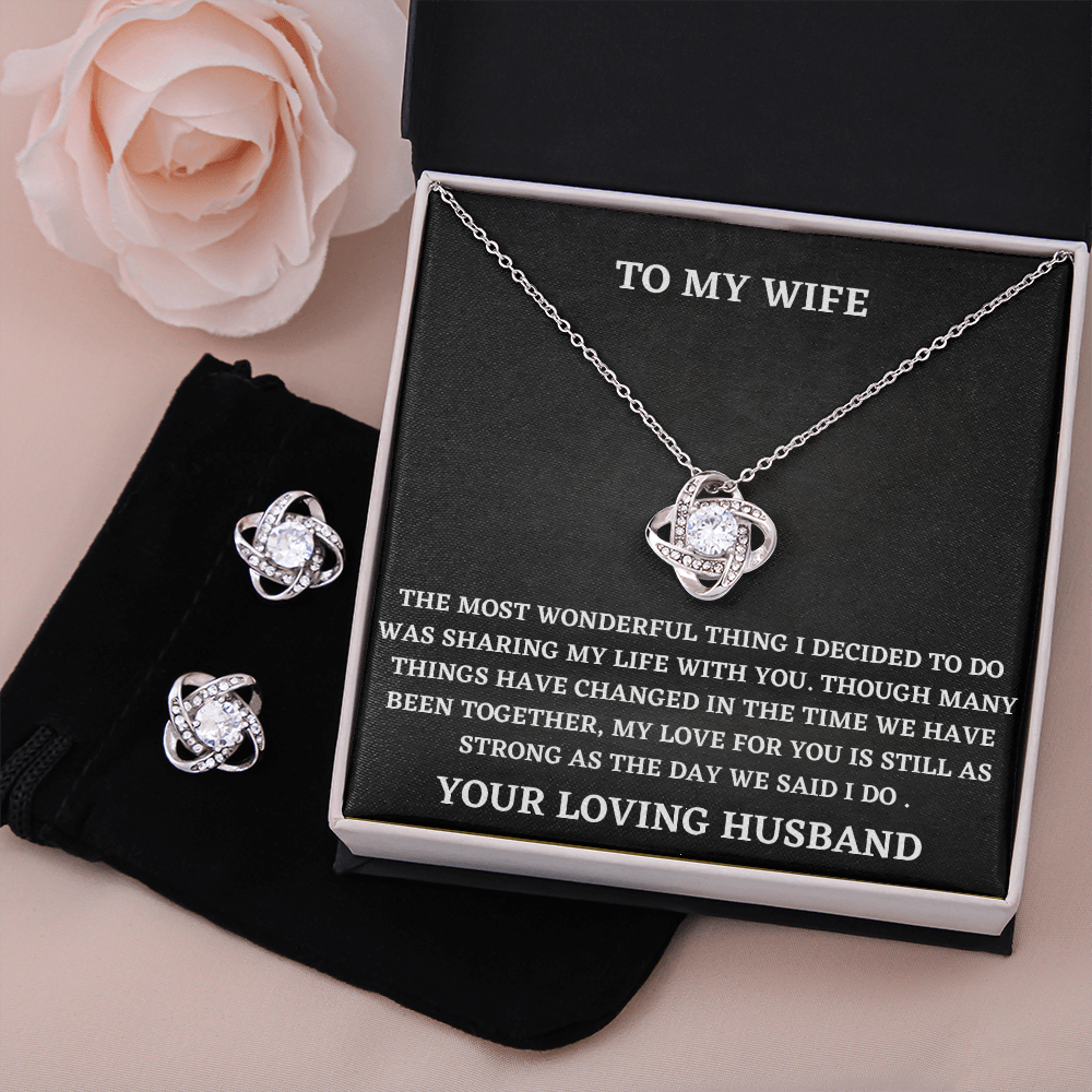 Wife Love Knot Necklace and Earring Set Gift from Husband – Romantic Jewelry with Heartfelt Message Card