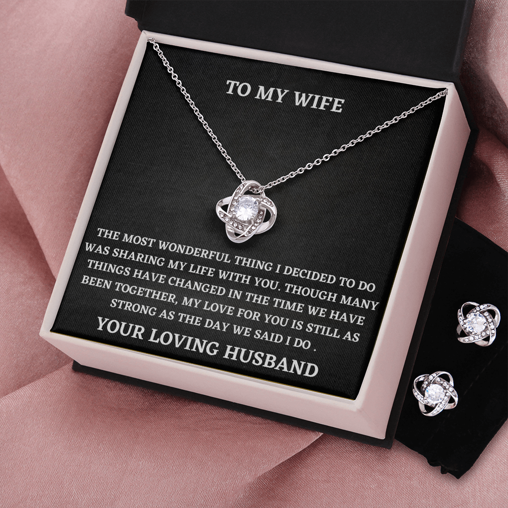 Wife Love Knot Necklace and Earring Set Gift from Husband – Romantic Jewelry with Heartfelt Message Card