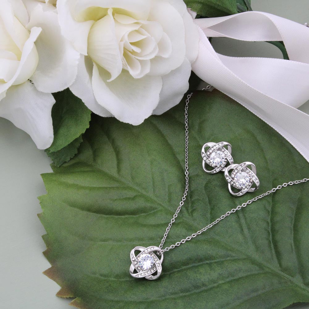 Wife Love Knot Necklace and Earring Set Gift from Husband – Romantic Jewelry with Heartfelt Message Card