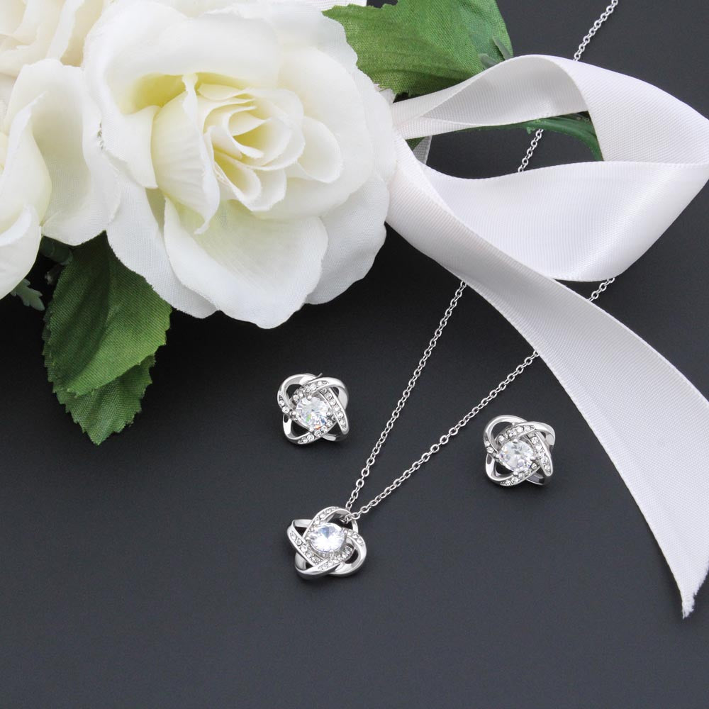 Wife Love Knot Necklace and Earring Set Gift from Husband – Romantic Jewelry with Heartfelt Message Card