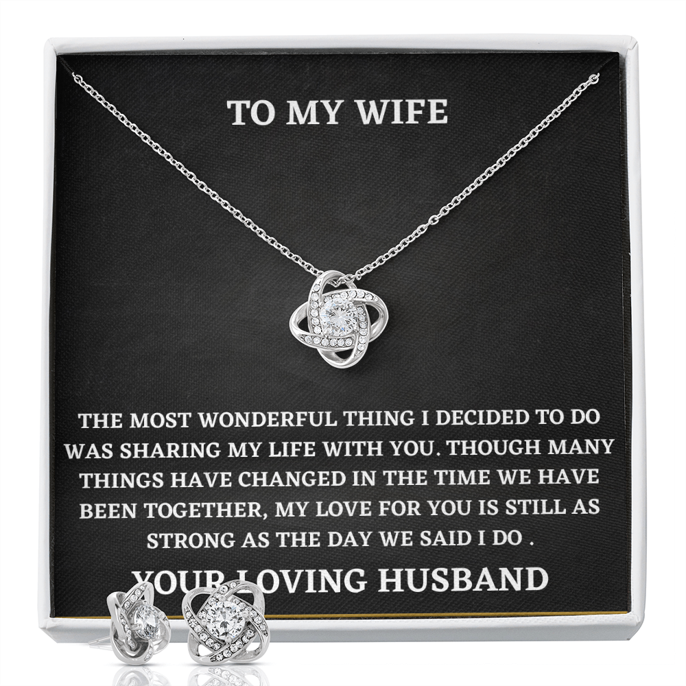 Wife Love Knot Necklace and Earring Set Gift from Husband – Romantic Jewelry with Heartfelt Message Card