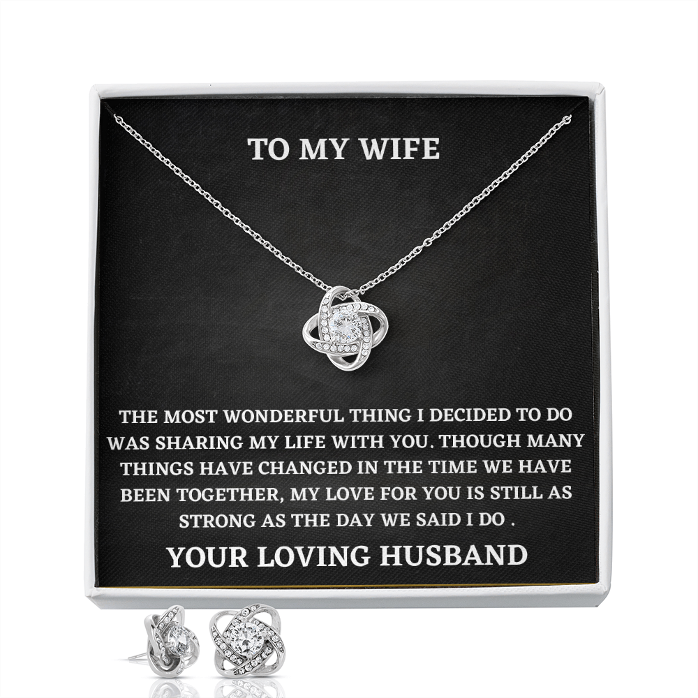Wife Love Knot Necklace and Earring Set Gift from Husband – Romantic Jewelry with Heartfelt Message Card